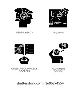 Mental disorder glyph icons set. Insomnia and sleep deprivation. Obsessive-compulsive syndrome. Alzheimer's disease. Dementia from old age. Silhouette symbols. Vector isolated illustration