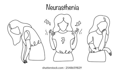 Un trastorno mental del grupo de las neurosis, que se manifiesta en un aumento de la irritabilidad, la fatiga y la inestabilidad del sentimiento. Mujer con síntomas de neurastenia. Vector para su uso en el campo de la psicología.