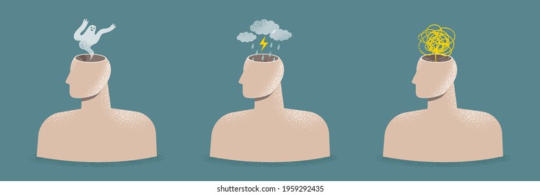 Mental disorder, illness concept. Set of illustrations about psychological, emotional problems. Collection of human heads showing anxiety, stress, phobia, depression. Mind disease. Isolated vectors