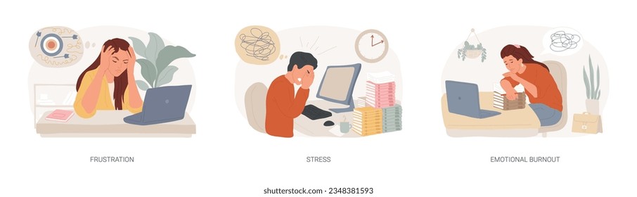 Mental disorder isolated concept vector illustration set. Frustration and stress, emotional burnout, anger control, overworking, psychological help, depression diagnosis vector concept.