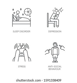 Mental disorder linear icons set. Sleep deprivation. Depression and anxiety. Stress. Anti-social behaviour. Migraine. Thin line contour symbols. Isolated vector outline illustrations. Editable stroke