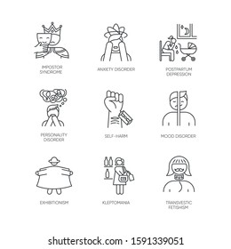 Mental disorder linear icons set. Impostor. Anxiety, depression. Self-harm. Exhibitionism. Kleptomania. Fetishism. Thin line contour symbols. Isolated vector outline illustrations. Editable stroke