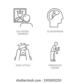 Mental disorder linear icons set. Delusional person. Schizophrenia. Panic attack. Parkinson disease. Dementia. Thin line contour symbols. Isolated vector outline illustrations. Editable stroke