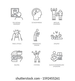 Mental disorder linear icons set. Schizophrenia. Bipolar disorder. Parkinson disease. Epilepsy. Bulimia. Hysteria. Thin line contour symbols. Isolated vector outline illustrations. Editable stroke