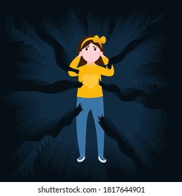 Mental disorder, little girl crying, scared kid surrounded by frightened ghost arms, childhood nightmares, bullying in school or domestic violence