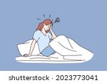Mental disorder, loneliness, depression concept. Sad unhappy Woman staying in bed in her bedroom waking up with headache, fatigue, migraine or suffering from insomnia vector illustration 