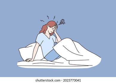 Mental disorder, loneliness, depression concept. Sad unhappy Woman staying in bed in her bedroom waking up with headache, fatigue, migraine or suffering from insomnia vector illustration 