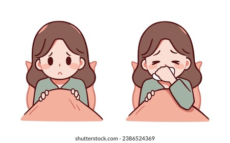 Mental disorder, loneliness, depression. Sick cute girl in bed feeling bad. She sneezing in napkin. Feeling unwell, having cold or high fever. Treatment of illness and rest. Drugstore vector poster