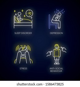 Mental disorder neon light icons set. Sleep deprivation. Depression and anxiety. Stress. Anti-social behaviour. Migraine. Teenager harassment and bullying. Glowing signs. Vector isolated illustrations