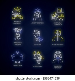 Mental disorder neon light icons set. Impostor. Anxiety. Postpartum depression. Personality disorder. Self-harm. Exhibitionism. Kleptomania. Fetishism. Glowing signs. Vector isolated illustrations