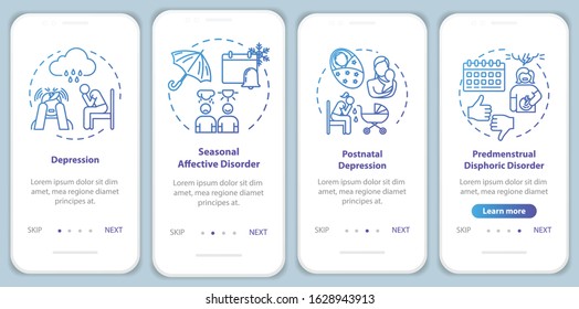 Mental disorder onboarding mobile app page screen with concepts. Psychological problem walkthrough four steps graphic instructions. Seasonal depression. UI vector template with RGB color illustrations
