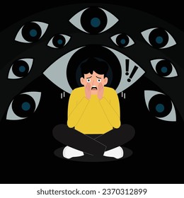  Mental disorder and Phobia. Man sits and imagines his eyes around him. Cartoon flat vector illustration.