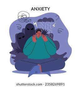 Mental disorder problems, Dizziness, sad and anxious thoughts of man. anxiety disorder concept flat style. . Vector illustration