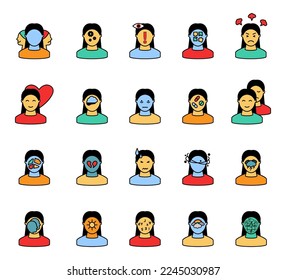 Mental disorder. Psychiatric illnesses. Schizophrenia and dyslexia. Psychological health. Stress icons set. Depression and bipolar symbols. Psychotherapy logo. Vector flat garish concept