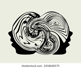 Mental disorder, psychological crisis in relationships. Two people connected through their minds, confused thoughts. Concept of painful relationships, dual consciousness. Vector graphic illustration.