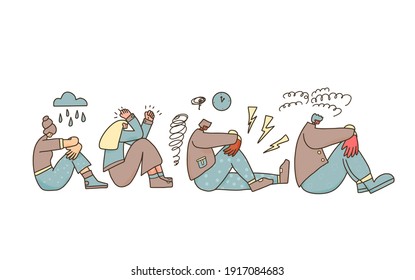 Mental disorder. Psychological issues. Young people with bad mood, headache, insomnia or stress sitting on the floor isolated on white background. Vector illustartion.