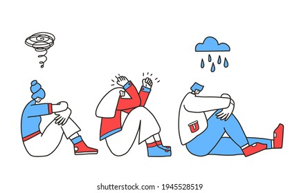 Trastorno mental. Cuestiones psicológicas. Jóvenes con mal humor, dolor de cabeza, insomnio o estrés sentados en el suelo aislados de fondo blanco. Iluminación vectorial.
