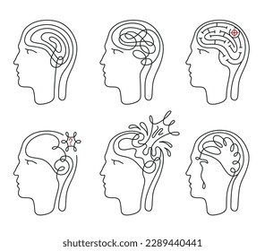 Mental disorder psychological problems human head continuous line set vector illustration. Personal psychologist behavior stress anxiety depression sad bipolar phobia negative mood psychiatric illness