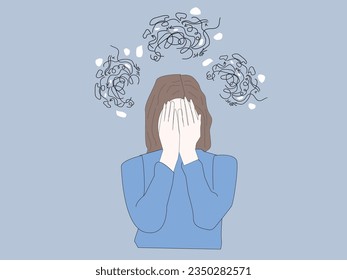 Mental disorder. Seeking answers. Confused woman suffering from depression, covering face with palms in despair, girl trying to solve complex problem. Simple flat vector.