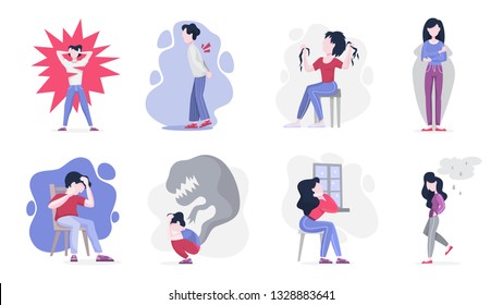 Mental disorder set. Collection of people suffer from depression and anxiety. Fear and stress, unhappy person. Vector illustration in cartoon style