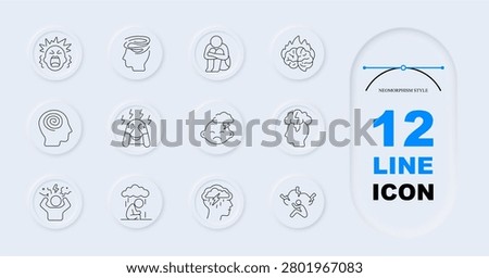 Mental disorder set icon. Anxiety, overthinking, loneliness, burnout, dizziness, panic, sadness, migraine, emotional breakdown, depression, psychological exhaustion.