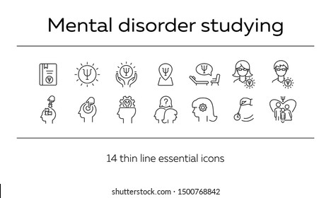 Mental disorder studying line icon set. Psychologist, hypnosis, metronome. Psychology concept. Can be used for topics like behavioral therapy, mental science, research