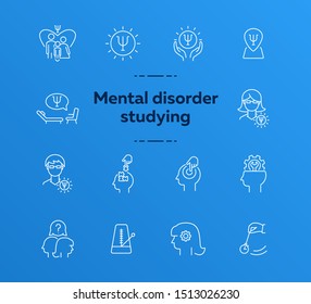 Mental disorder studying line icon set. Psychologist, hypnosis, metronome. Psychology concept. Can be used for topics like behavioral therapy, mental science, research