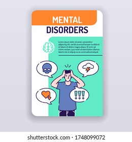 Mental disorders brochure template. Adult man in depressed cover design. Print design with linear illustrations cartoon character on a turquoise background