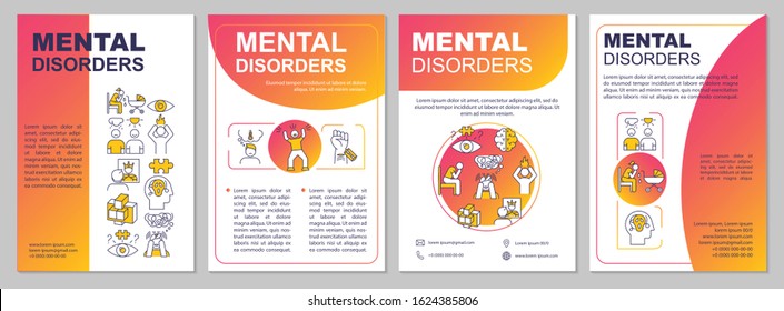 Mental disorders brochure template. Psychiatric problems. Psychological diseases. Flyer, booklet, leaflet print, cover design with linear icons. Vector layouts for magazines, advertising posters