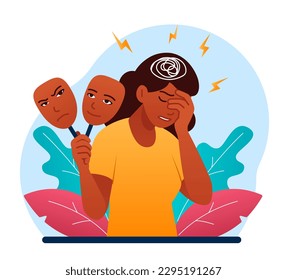 Mental disorders concept. Young girl holding two masks. Woman with psychological and mental problems. Schizophrenia and paranoia. Symptoms of bipolar disorder. Cartoon flat vector illustration