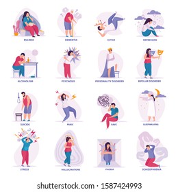 Mental Disorders Flat Icons Illustrated Bipolar Disorder Dementia Autism Bulimia Depression Sleepwalking Hallucinations Isolated Vector Illustration 