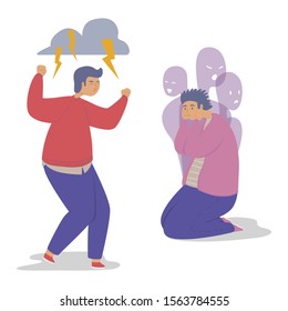 Mental disorders flat vector illustration. Concept of aggression and schizophrenia. Man, boy angry and hears voices. People mental illness after stressful work and life.