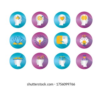 mental disorders and mental health icon set over white background, block gradient style, vector illustration