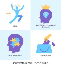 Mental Disorders Icon Set In Flat Style. Narcissistic Personality, Kleptomania, Adhd And Autism Symbols. Vector Illustration.