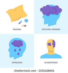 Mental disorders icon set in flat style. Depression, insomnia, schizophrenia and dysthymia symbols. Vector illustration.