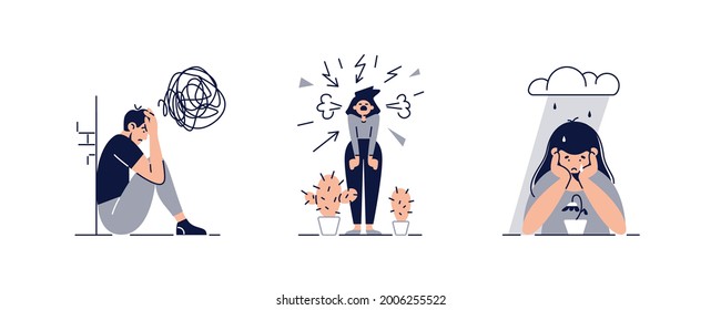 Mental disorders, illnesses, psychiatry set vector illustrations. People suffers from mental psychological diseases. Isolated on white. Stress, anxiety, depression concept for banner. Flat style
