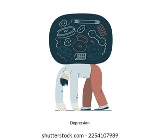 Mental disorders illustration. Depression - modern flat vector illustration of tired man suffering under the weight of problems and obligations. People emotional, psychological, mental traumas concept