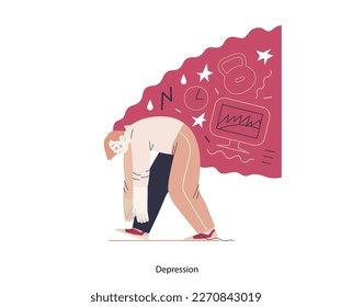 Mental disorders illustration. Depression - modern flat vector illustration of tired man suffering under the weight of problems and obligations. People emotional, psychological, mental traumas concept