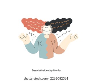 Ilustración de trastornos mentales. Trastorno de identidad disociativa - moderna ilustración vectorial plana de una mujer que se reúne con personalidad dividida. Concepto de traumas emocionales, psicológicos y mentales