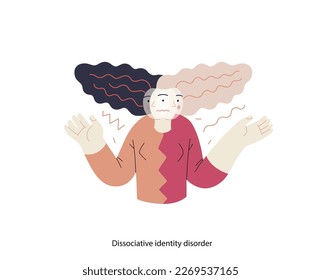 Ilustración de trastornos mentales. Trastorno de identidad disociativa - moderna ilustración vectorial plana de una mujer que se reúne con personalidad dividida. Concepto de traumas emocionales, psicológicos y mentales