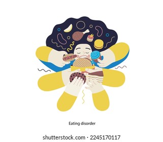 Ilustración de trastornos mentales. Trastorno alimentario - moderna ilustración vectorial plana de una mujer que se acompaña con una experiencia de estrés. Concepto de traumas emocionales, psicológicos y mentales