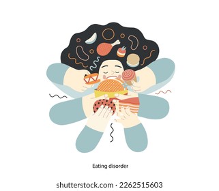 Mental disorders illustration. Eating disorder - modern flat vector illustration of a woman stuffing herself meeting with a stress experience. People emotional, psychological, mental traumas concept