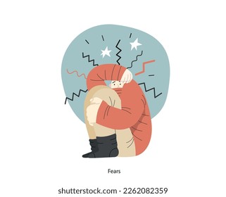 Mental disorders illustration. Fears- modern flat vector illustration of woman dreading nervous, bracing herself meeting with stress experience. People emotional, psychological, mental traumas concept