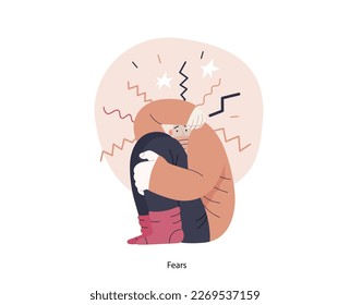 Mental disorders illustration. Fears- modern flat vector illustration of woman dreading nervous, bracing herself meeting with stress experience. People emotional, psychological, mental traumas concept