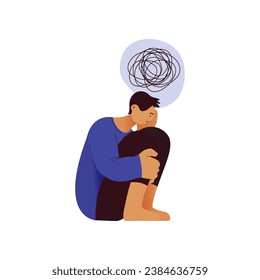 Mental disorders illustration. Frustrated man with nervous problem feel anxiety and confusion of thoughts, closing face with palms in despair. Vector flat illustration