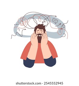 Mental disorders illustration. Frustrated man with nervous problem feel anxiety and confusion of thoughts. Male with anxiety touch head surrounded by thoughts. Vector flat illustration