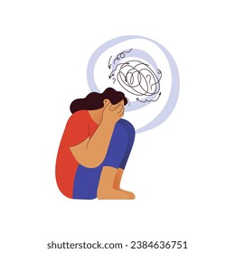 Mental disorders illustration. Frustrated woman with nervous problem feel anxiety and confusion of thoughts, closing face with palms in despair. Vector flat illustration