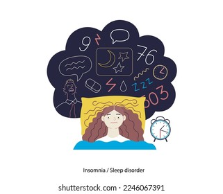 Mental disorders illustration. Insomnia, sleep disorder - modern flat vector illustration of a woman meeting with a sleep disorder trying to fall asleep. People emotional, psychological, mental