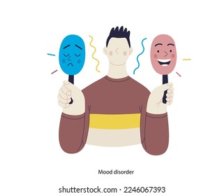 Mental disorders illustration. Mood disorder - modern flat vector illustration of a man choosing between two mood extrems. People emotional, psychological, mental traumas concept