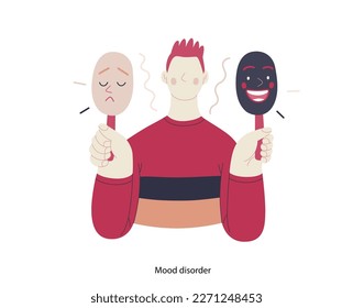 Mental disorders illustration. Mood disorder - modern flat vector illustration of a man choosing between two mood extrems. People emotional, psychological, mental traumas concept